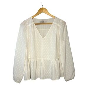 LOFT Peplum Blouse Swiss Dot Long Sleeve‎ V-Neck Top Cream Women Size Small